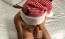 Sexy girl sucking cock in Santa Claus Christmas hat, DEEP BL