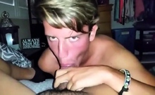 Twink friend strokes my big cock, I cum in his mouth