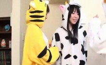 Subtitled Japanese group cosplay wardrobe malfunction
